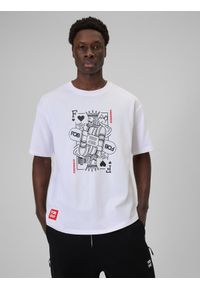 4f - 4F T-shirt loose z nadrukiem męski - biały L. Okazja: na co dzień. Kolor: biały. Materiał: dzianina, bawełna, materiał. Wzór: nadruk. Styl: casual #1