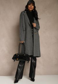 Renee - Szary Płaszcz Dwurzędowy o Długim Kroju w Eleganckim Stylu Saratusa. Okazja: do pracy. Kolor: szary. Materiał: jeans. Długość: długie. Styl: elegancki #3