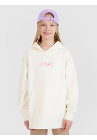 4f - 4F Bluza dresowa nierozpinana z kapturem dziewczęca - biała 158 (12-13 lat). Okazja: na co dzień. Typ kołnierza: kaptur. Kolor: biały. Materiał: dresówka. Wzór: nadruk, ze splotem, gładki. Sezon: lato. Styl: casual, sportowy #1