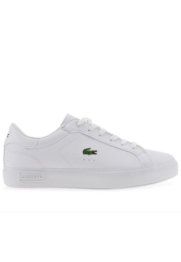 Buty Lacoste Powercourt 741SUJ0014-21G - białe. Okazja: na co dzień. Kolor: biały. Materiał: guma, skóra, syntetyk. Szerokość cholewki: normalna. Wzór: napisy. Sport: turystyka piesza