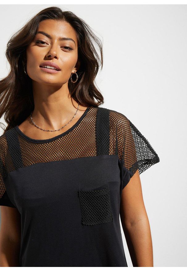 bonprix - Długi shirt plażowy. Okazja: na plażę. Kolor: czarny. Materiał: materiał. Długość rękawa: krótki rękaw. Długość: długie