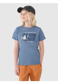 4f - 4F T-shirt regular z nadrukiem chłopięcy - niebieski 128 (7-8 lat). Okazja: na co dzień. Kolor: niebieski. Materiał: dzianina, bawełna, jersey. Długość rękawa: krótki rękaw. Długość: krótkie. Wzór: nadruk. Sezon: lato. Styl: klasyczny, sportowy, casual
