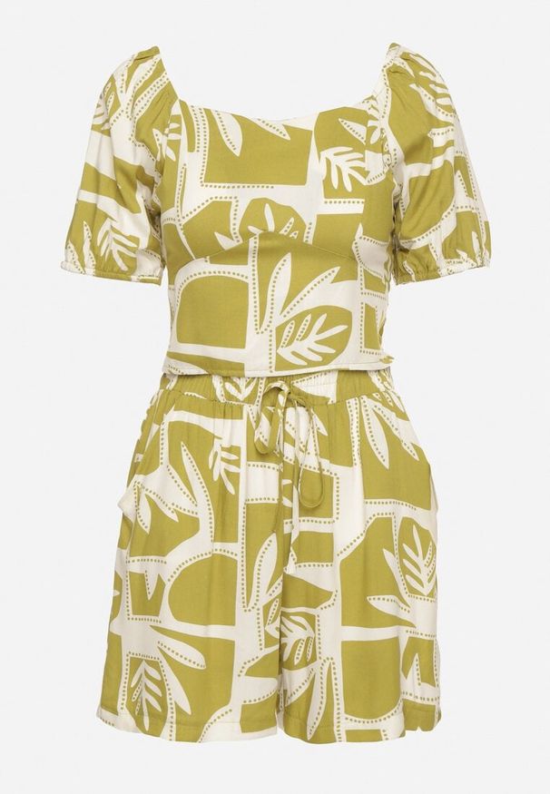 Born2be - Zielony Komplet z Wiskozy z Motywem Roślinnym Szorty i Bluzka Felestia. Kolor: zielony. Materiał: wiskoza