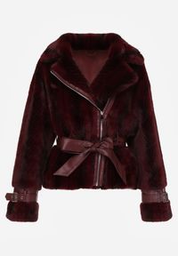 Born2be - Bordowa Futrzana Kurtka z Paskiem z Imitacji Skóry i Ozdobnymi Sprzączkami Oryss. Okazja: na co dzień. Kolor: czerwony. Materiał: skóra, futro. Styl: casual #4
