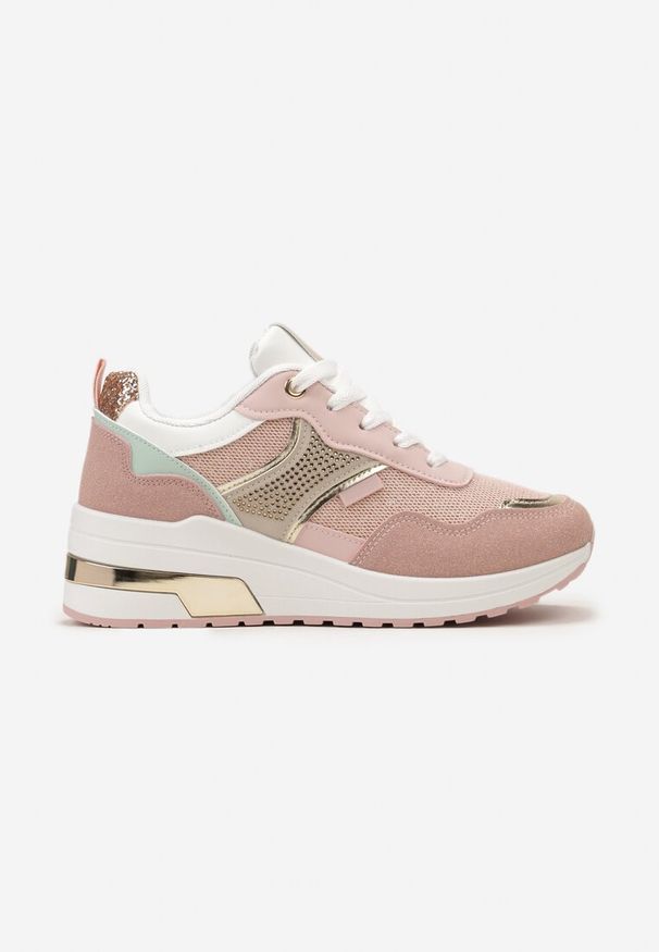 Born2be - Różowe Sneakersy ze Złotymi Wstawkami i Brokatem oraz Cyrkoniami Avanalis. Kolor: różowy. Materiał: skóra