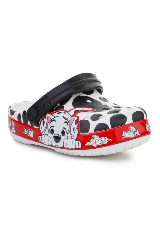 Klapki Crocs Fl 101 Dalmatians Kids Clog T 207485-100 białe czarne czerwone. Kolor: biały, czarny, wielokolorowy, czerwony. Materiał: skóra, syntetyk, materiał. Wzór: motyw z bajki. Styl: wakacyjny