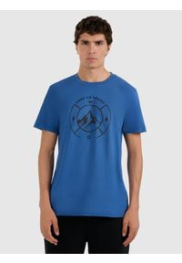 4f - 4F T-shirt regular z nadrukiem męski - niebieski S. Okazja: na co dzień. Kolor: niebieski. Materiał: bawełna, skóra, materiał. Wzór: nadruk. Styl: casual #1