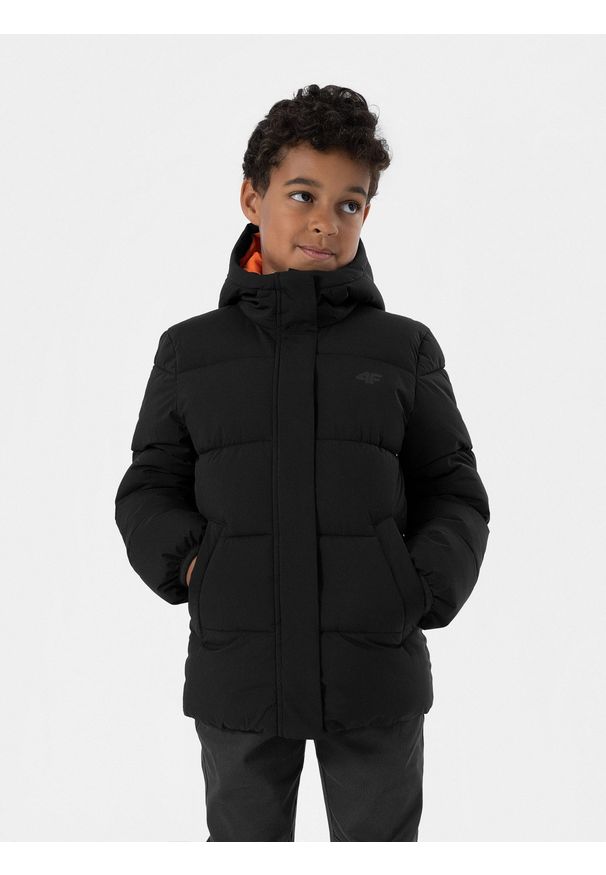 4f - Kurtka puchowa z wypełnieniem syntetycznym chłopięca. Kolor: czarny. Materiał: syntetyk, puch