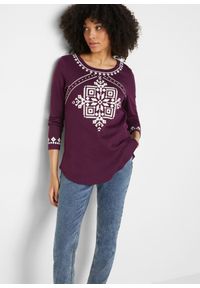 bonprix - Shirt bawełniany z długim rękawem i nadrukiem w norweski wzór. Kolor: fioletowy. Materiał: bawełna. Długość rękawa: długi rękaw. Długość: długie. Wzór: nadruk #1