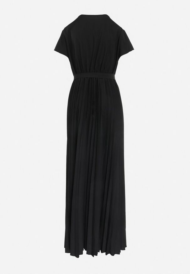 Born2be - Czarna Elegancka Sukienka Maxi w Plisy z Kopertowym Dekoltem i Wiązaniem Thessi. Kolor: czarny. Sezon: lato. Typ sukienki: kopertowe. Styl: elegancki. Długość: maxi