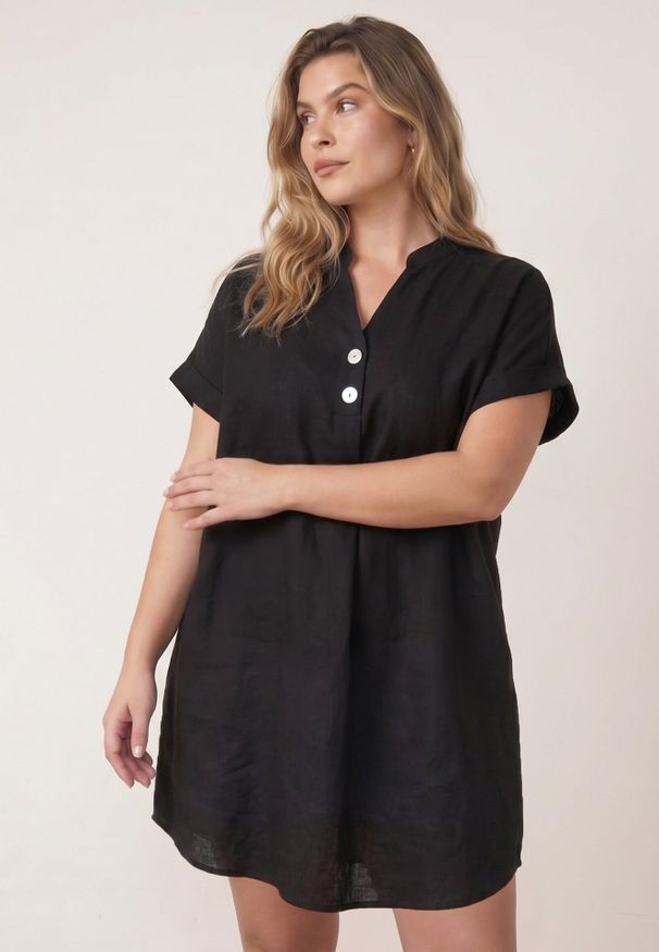 Born2be - Czarna Bawełniana Sukienka o Pudełkowym Kroju z Ozdobnymi Guzikami Kateira. Okazja: na co dzień. Kolor: czarny. Materiał: bawełna. Typ sukienki: proste. Styl: casual