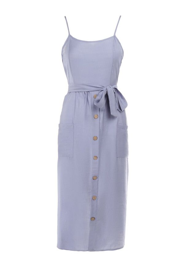 Born2be - Niebieska Sukienka Sharthe. Kolor: niebieski. Materiał: materiał, tkanina. Długość rękawa: na ramiączkach. Wzór: aplikacja, gładki. Długość: midi