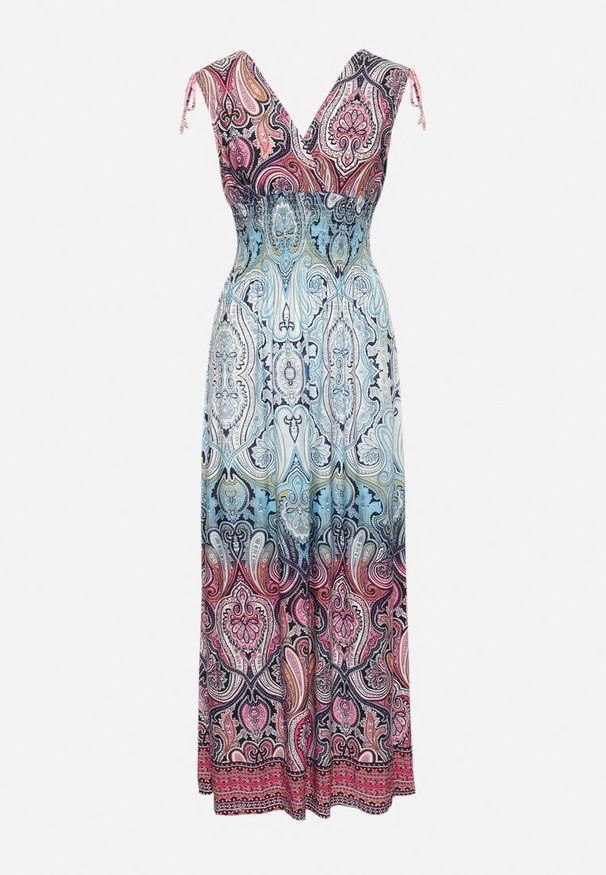 Born2be - Jasnoniebieska Sukienka Boho na Lato ze Sznurkami na Ramionach i Gumką w Talii Aharleta. Kolor: niebieski. Sezon: lato. Styl: boho