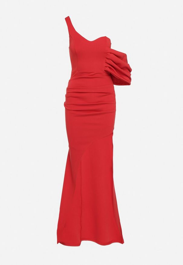 Born2be - Czerwona Sukienka Koktajlowa z Asymetryczną Górą i Ozdobnym Marszczeniem Flamelia. Okazja: na co dzień, na imprezę. Kolor: czerwony. Materiał: dzianina. Typ sukienki: asymetryczne. Styl: wizytowy