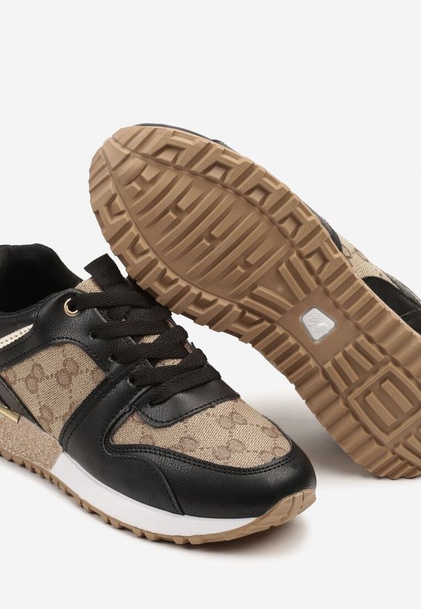 Renee - Czarno-Brązowe Sneakersy Ozdobione Metaliczną Aplikacją i Przeszyciami Soltia. Kolor: czarny. Wzór: aplikacja