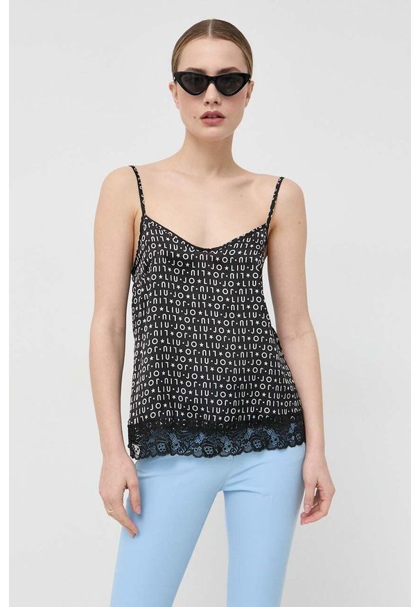 Liu Jo bluzka kolor czarny. Kolor: czarny. Materiał: tkanina, satyna, materiał, koronka. Długość rękawa: na ramiączkach. Wzór: ze splotem