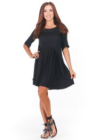 Awama - Czarna Krótka Sukienka z Marszczonym Dołem. Kolor: czarny. Materiał: elastan, wiskoza. Długość: mini