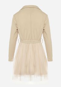 Born2be - Jasnobeżowa Kopertowa Sukienka Mini z Paskiem i Tiulem na Dole Anaida. Kolor: beżowy. Materiał: tiul. Wzór: aplikacja. Typ sukienki: kopertowe. Długość: mini #7