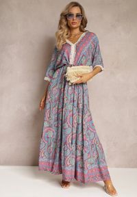 Renee - Fioletowa Wiskozowa Maxi Sukienka o Rozkloszowanym Fasonie z Frędzami Angire. Kolor: fioletowy. Materiał: wiskoza. Wzór: aplikacja. Styl: boho. Długość: maxi #1