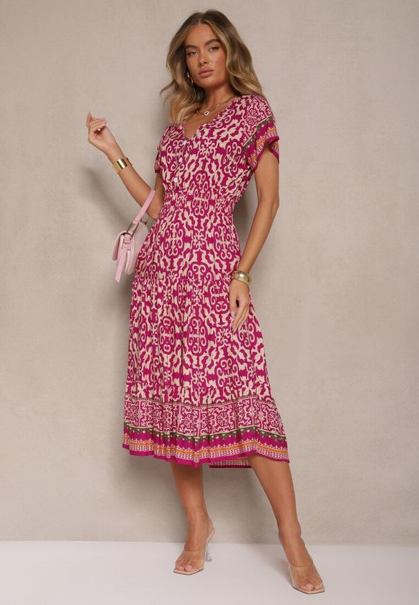 Renee - Fioletowa Sukienka z Bawełny z Gumką w Pasie i Ozdobnymi Guzikami Natifarela. Typ kołnierza: dekolt w serek. Kolor: fioletowy. Materiał: bawełna. Sezon: lato. Typ sukienki: rozkloszowane. Styl: klasyczny