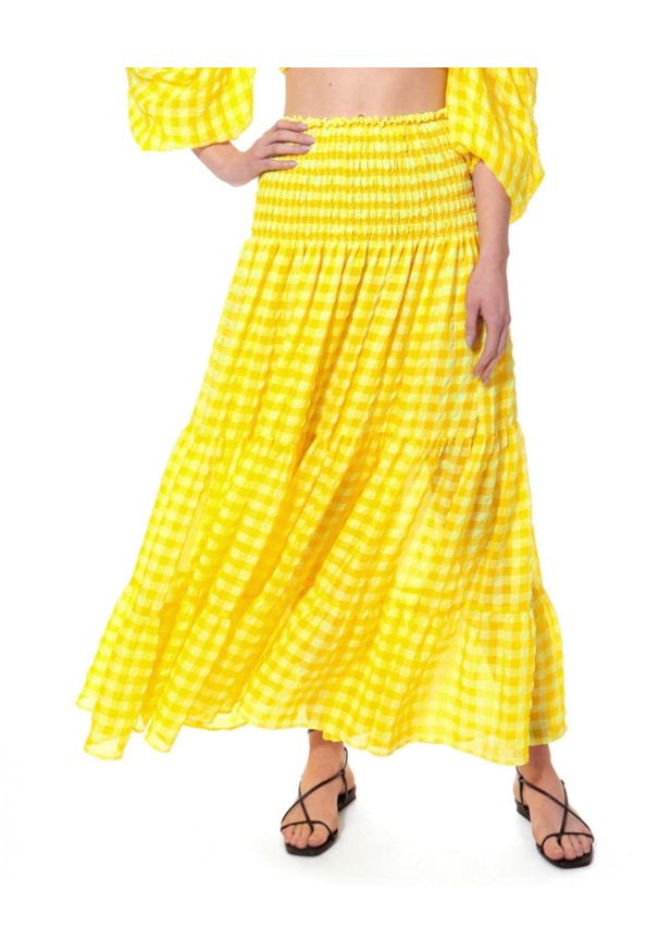 AGGI - Żółta spódnica w kratkę Lola. Kolor: żółty. Materiał: tkanina, jedwab, wiskoza. Wzór: kratka