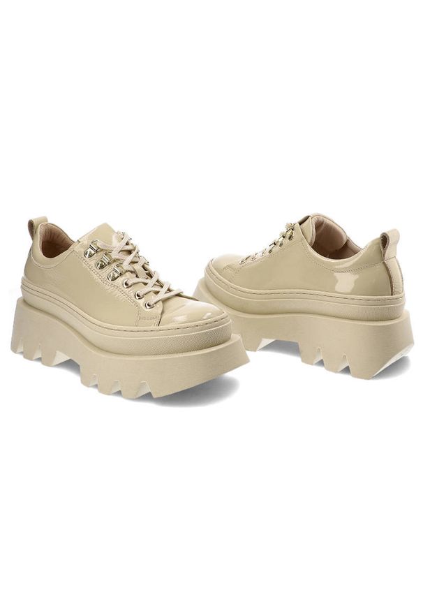 CheBello - Beżowe Sneakersy Chebello Wygodne Skórzane Buty Damskie. Kolor: beżowy. Materiał: skóra. Szerokość cholewki: normalna. Sezon: jesień, wiosna. Obcas: na obcasie. Wysokość obcasa: niski
