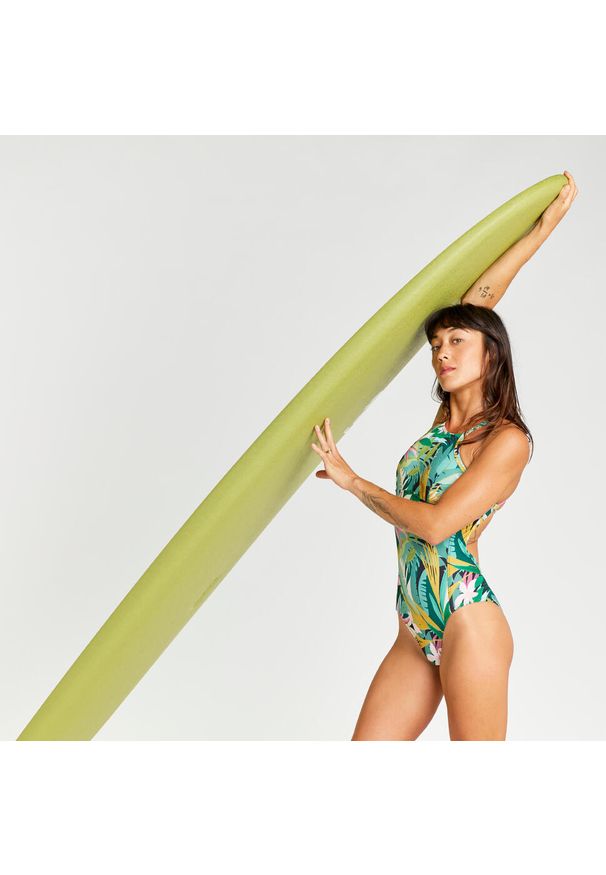 OLAIAN - Kostium kąpielowy jednoczęściowy surfingowy damski Olaian Andrea Tropical. Kolor: zielony. Materiał: materiał, poliester, elastan