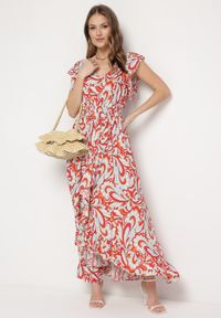 Born2be - Beżowo-Pomarańczowa Asymetryczna Sukienka z Gumką w Pasie z Falbankami z Wiskozy Venimra. Typ kołnierza: kołnierz z falbankami. Kolor: beżowy. Materiał: wiskoza. Typ sukienki: asymetryczne #4