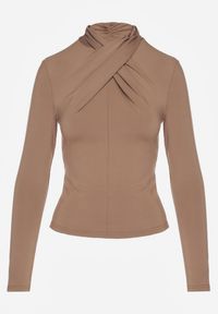 Renee - Jasnobrązowa Bluzka z Marszczeniem Przy Zabudowanym Dekolcie Nivana. Okazja: na co dzień. Kolor: brązowy. Materiał: wiskoza, jeans. Styl: casual, elegancki, klasyczny #4