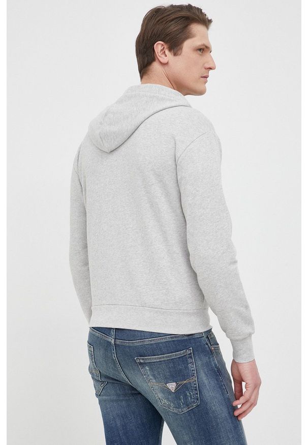 Trussardi Jeans - Trussardi bluza bawełniana męska kolor szary z kapturem gładka. Okazja: na co dzień. Typ kołnierza: kaptur. Kolor: szary. Materiał: bawełna. Wzór: gładki. Styl: casual