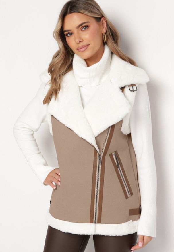 Born2be - Beżowa Kamizelka Bezrękawnik w Stylu Biker z Ekozamszu z Futerkiem Terone. Kolor: beżowy. Materiał: futro. Długość rękawa: bez rękawów. Wzór: aplikacja