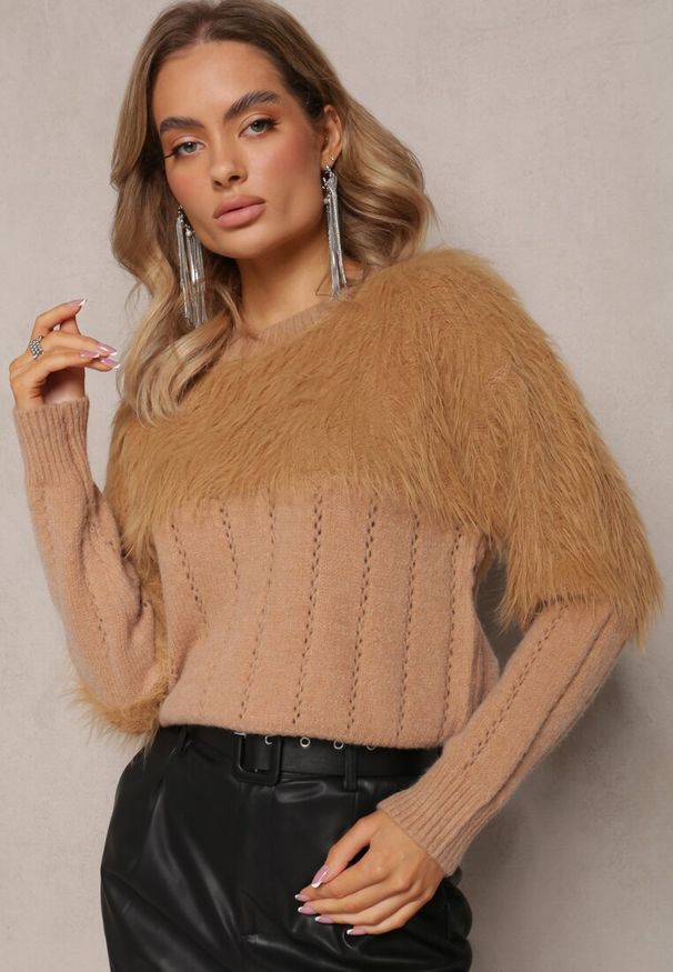 Renee - Brązowy Puchaty Sweter o Klasycznym Fasonie Fruve. Kolor: brązowy. Materiał: wiskoza. Wzór: jednolity. Styl: klasyczny