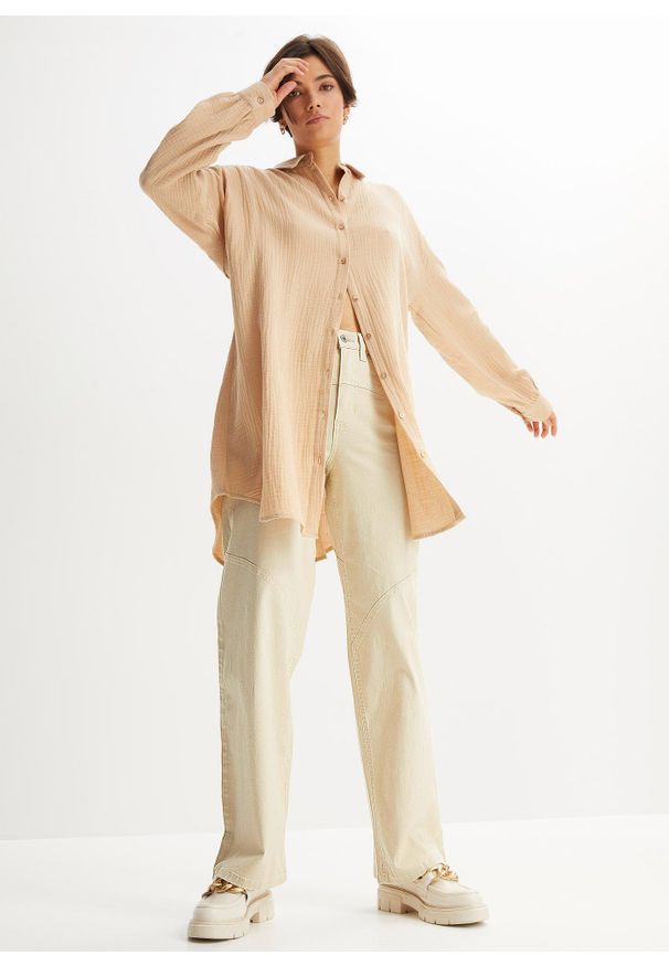 bonprix - Długa bluzka muślinowa oversize. Kolor: beżowy. Długość: długie