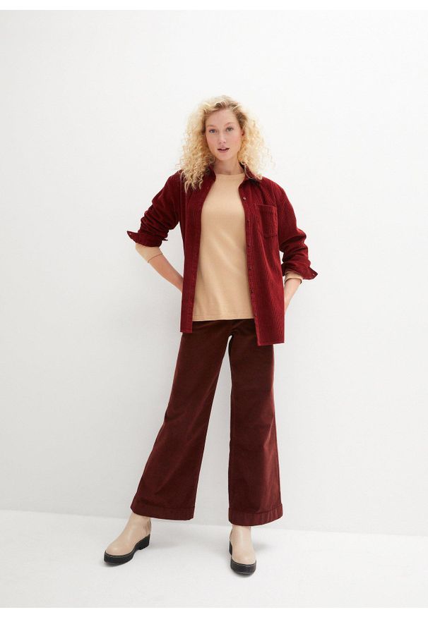 bonprix - Szerokie spodnie sztruksowe ze stretchem, high-waist. Stan: podwyższony. Kolor: brązowy. Materiał: sztruks