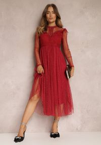 Renee - Bordowa Sukienka z Koronką i Tiulem Welvia. Kolor: czerwony. Materiał: tiul, koronka. Wzór: koronka #3