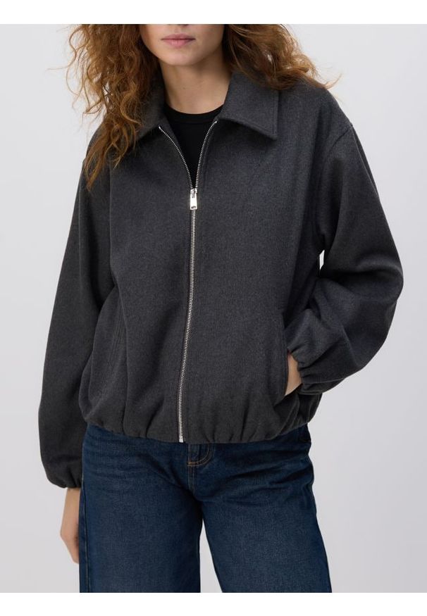 Reserved - Kurtka bomberka z kołnierzykiem - ciemnoszary. Kolor: szary. Materiał: tkanina, wełna