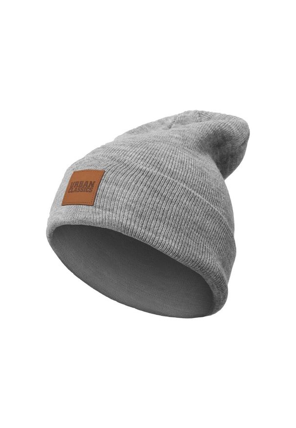 Urban Classics - Długa Czapka Z Naszywką Ze Sztucznej Skóry. Kolor: szary. Materiał: skóra. Wzór: aplikacja