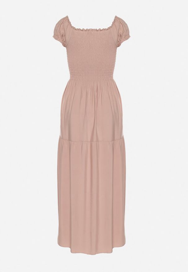 Born2be - Beżowa Wiskozowa Sukienka Hiszpanka z Marszczoną Górą Jenanira. Okazja: na co dzień. Typ kołnierza: dekolt hiszpanka. Kolor: beżowy. Materiał: wiskoza. Styl: klasyczny, casual