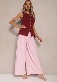 Renee - Różowe Spodnie o Szerokim Kroju High Waist Ozdobione Paskiem Rasalle. Okazja: na co dzień. Stan: podwyższony. Kolor: różowy. Wzór: aplikacja. Styl: elegancki, casual #3