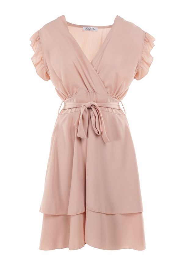 Born2be - Jasnoróżowa Sukienka Kopertowa z Falbankami i Wiązaniem Dalim. Okazja: na randkę. Typ kołnierza: kołnierz z falbankami. Kolor: różowy. Materiał: materiał. Długość rękawa: bez rękawów. Wzór: aplikacja. Typ sukienki: kopertowe. Długość: midi