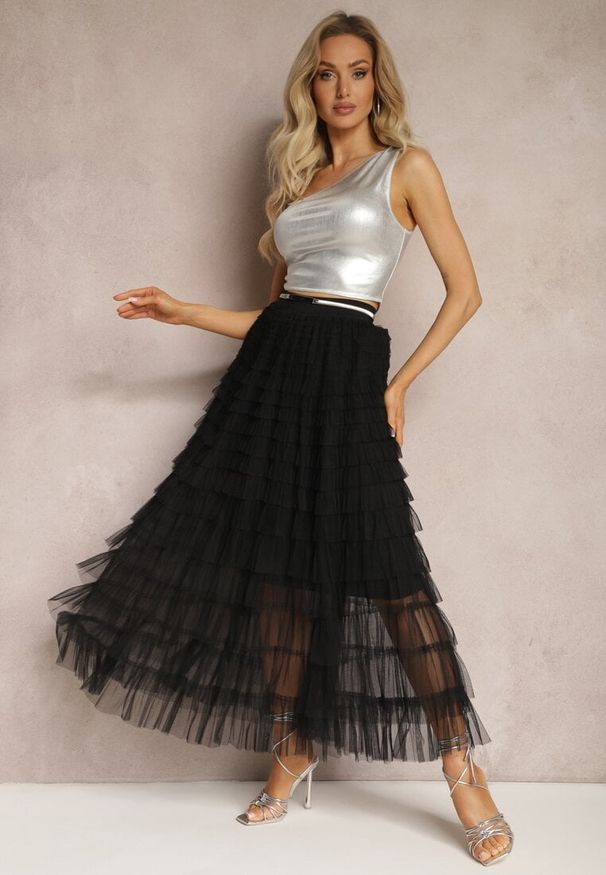 Renee - Czarna Bawełniana Spódnica Ozdobiona Falbankami Maxi Creama. Kolor: czarny. Materiał: bawełna. Długość: długie. Wzór: aplikacja. Sezon: lato