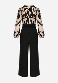 Born2be - Czarno-Różowy Elegancki Kombinezon ze Wzorzystą Górą Szerokimi Nogawkami i Paskiem Grepia. Okazja: na co dzień. Kolor: czarny. Styl: elegancki #4