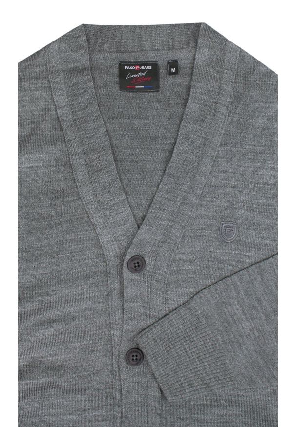Męski Sweter Wełniany na Guziki - Kardigan - Pako Jeans - Popielaty. Okazja: na co dzień. Kolor: szary. Materiał: akryl, wełna. Styl: casual, elegancki