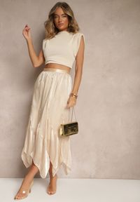 Renee - Beżowa Spódnica o Rozkloszowanym Kroju z Błyszczącą Nitką Lumorisse. Okazja: na co dzień, na imprezę. Kolor: beżowy. Styl: elegancki, casual #4