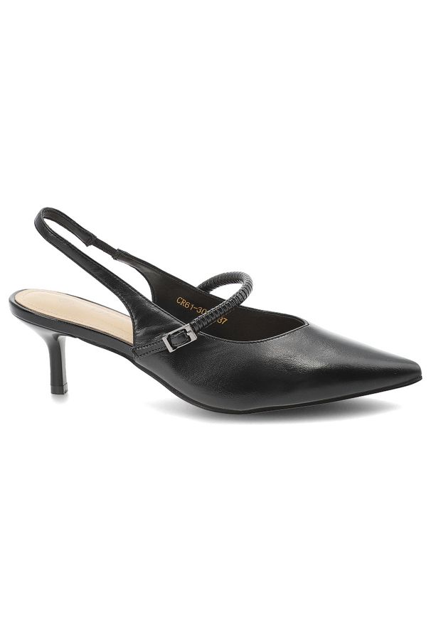 Czółenka damskie S.Barski, cholewka ze skóry naturalnej licowej pasek wokół pięty z regulacją na klamrę zabudowany szpiczasty przód, czarne, CR61-304. Nosek buta: szpiczasty. Zapięcie: klamry. Kolor: czarny. Materiał: skóra. Szerokość cholewki: normalna