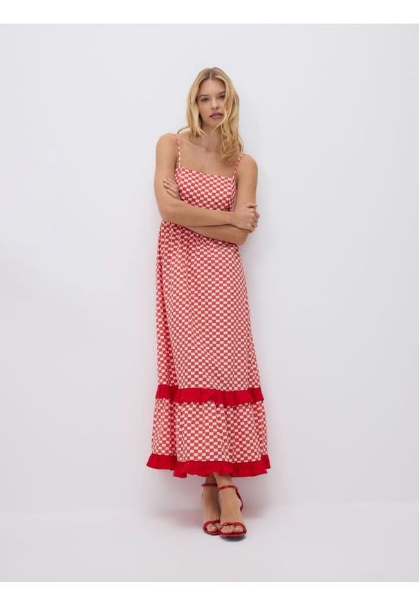 Reserved - Sukienka maxi w kratę - czerwony. Kolor: czerwony. Materiał: bawełna. Długość: maxi