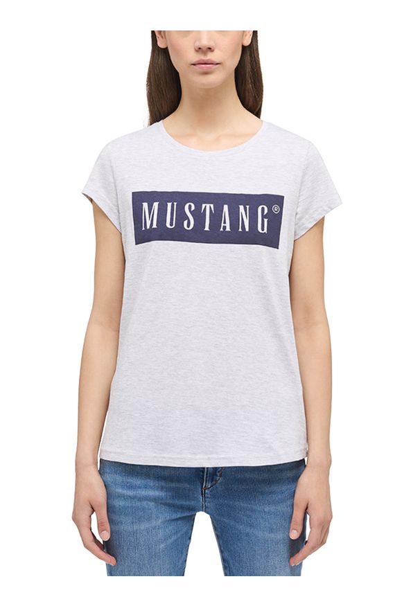 Mustang - MUSTANG ALINA C LOGO TEE DAMSKI T-SHIRT KOSZULKA LOGO LIGHT GREY MELANGE 1013220 4141. Okazja: do pracy, na co dzień. Materiał: jeans, skóra, bawełna. Długość: długie. Styl: casual, elegancki