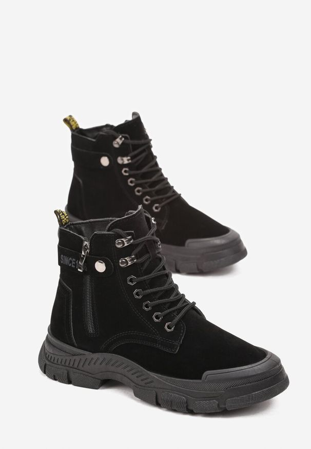 Born2be - Czarne Botki Traperki na Grubej Podeszwie Beanika. Wysokość cholewki: przed kolano. Zapięcie: sznurówki. Kolor: czarny. Materiał: jeans. Szerokość cholewki: normalna. Styl: elegancki