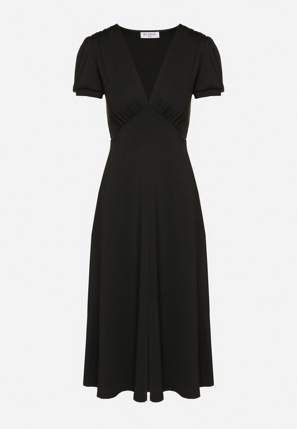 Born2be - Czarna Sukienka Rozkloszowana z Wiskozą z Poduszkami w Ramionach Awerla. Okazja: na co dzień. Typ kołnierza: dekolt w kształcie V. Kolor: czarny. Materiał: wiskoza. Długość rękawa: krótki rękaw. Styl: elegancki, casual, klasyczny