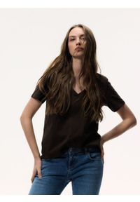 Reserved - T-shirt regular z dekoltem V - ciemnobrązowy. Kolor: brązowy. Materiał: dzianina, bawełna